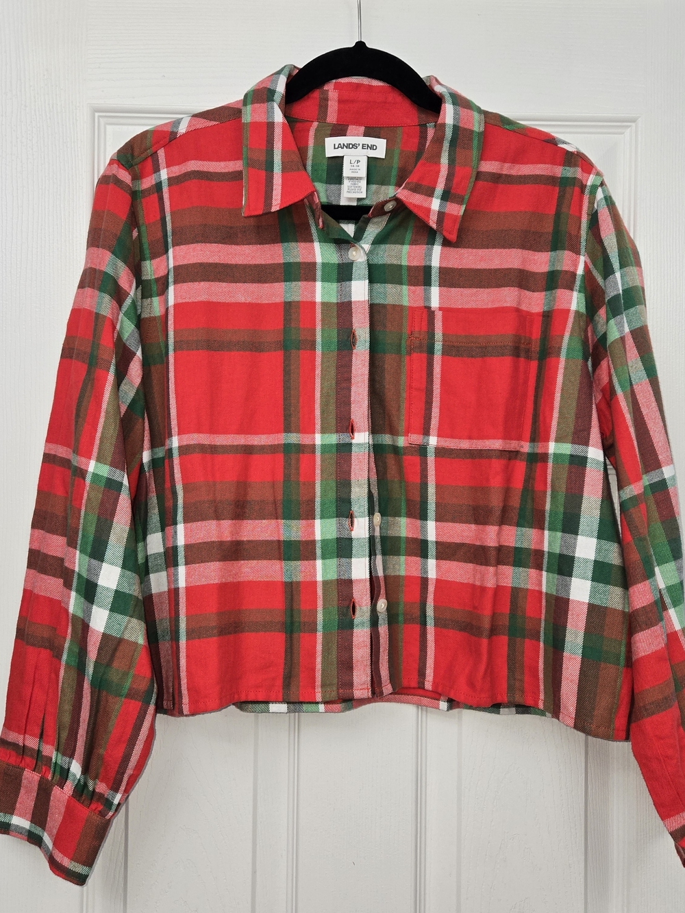 Lands' End Girl Cropped Flannel Shirt L (14-16) Red Green Christmas Tartan Plaid